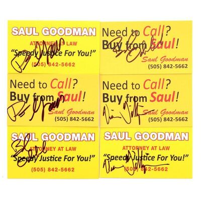 Lot # 292: Six Signed Saul Goodman Business Cards - Vince Gilligan, Peter Gould, and Bob Odenkirk