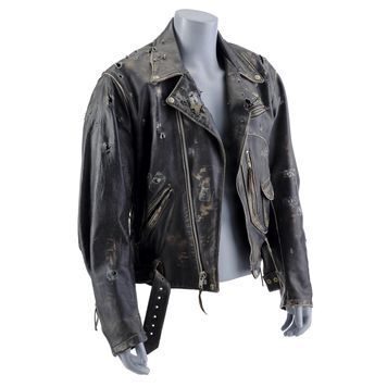 Lot # 419 : TERMINATOR 2: JUDGMENT DAY (1991) - T-800's (Arnold Schwarzenegger) Bullet-Riddled Jacket with Handwritten Linda Hamilton Letter of Authenticity