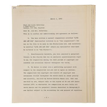 Lot # 567 : JAMES BOND: LIVE AND LET DIE (1973) - Paul and Linda McCartney Signed Contract
