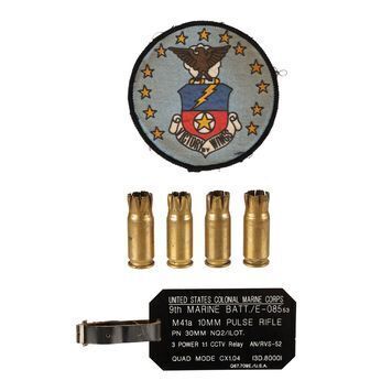 Lot # 652 : ALIENS (1986) - Four Pulse Rifle Shells, Pulse Rifle Tag and Dropship Crew Patch