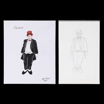 Lot # 713 : BATMAN (T.V. SERIES, 1966 - 1968) - Jan Kemp Hand-drawn and Painted Penguin (Burgess Meredith) Costume Designs