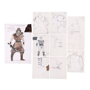 Lot # 808 : CONAN THE BARBARIAN (1982) - John Bloomfield Hand-drawn Costume Design for Subotai (Gerry Lopez) and Concept Sketches