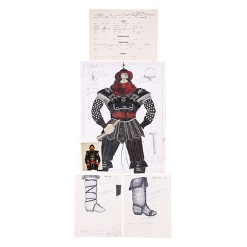 Lot # 809 : CONAN THE BARBARIAN (1982) - John Bloomfield Hand-drawn Costume Design, Concept Sketches and Measurements for Rexor (Ben Davidson)