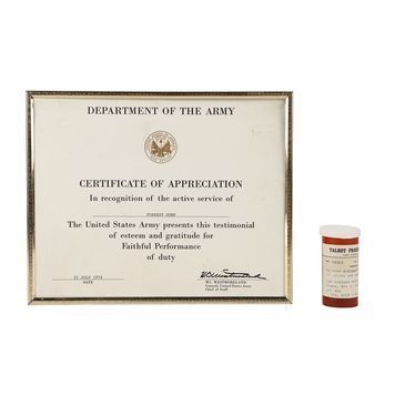 Lot # 913 : FORREST GUMP (1994) - Forrest Gump's (Tom Hanks) Army Certificate of Appreciation and Mama Gump's (Sally Field) Pill Bottle