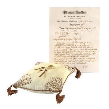 Lot # 1123 : LEGEND OF ZORRO, THE (2005) - Zorro (Antonio Banderas) and Elena's (Catherine Zeta-Jones) Wedding Band, Divorce Filing, and Ring Pillow