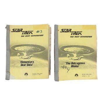 Lot # 1314 : STAR TREK: THE NEXT GENERATION (T.V. Series, 1987-1994) - Pair of Costume Continuity Season 2 Scripts - "Elementary, Dear Data" and "The Outrageous Okona" - with Cast Polaroids