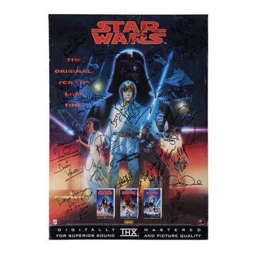 Lot # 1365 : STAR WARS: ORIGINAL TRILOGY (1977 - 1983) - Mark Hamill, Carrie Fisher, Alec Guinness and Cast Autographed Trilogy VHS Poster