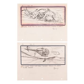 Lot # 1459 : THING, THE (1982) - Two Hand-drawn Pencil Storyboards of the Crashing Helicopter