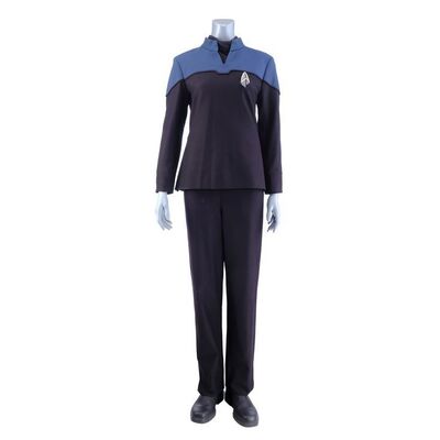 Lot # 33: Season 1 Starfleet 2390s Women's Sciences Uniform with Production-Quality Replica Combadge