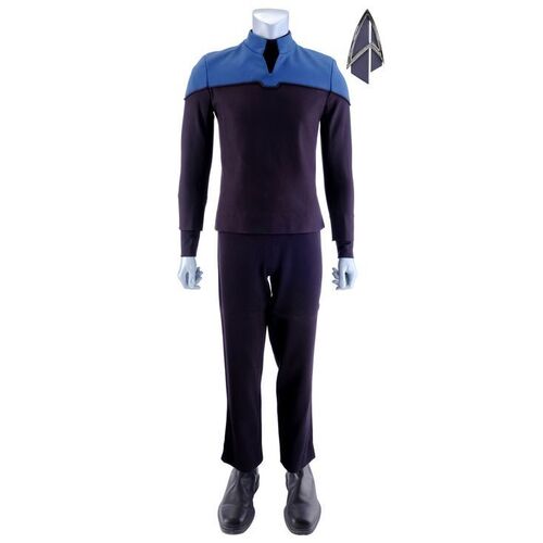 Lot # 43: Season 1 Starfleet 2390s Women's Sciences Uniform with Production-Quality Replica Combadge