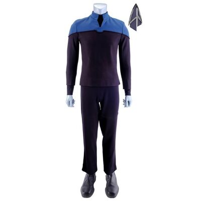 Lot # 43: Season 1 Starfleet 2390s Women's Sciences Uniform with Production-Quality Replica Combadge