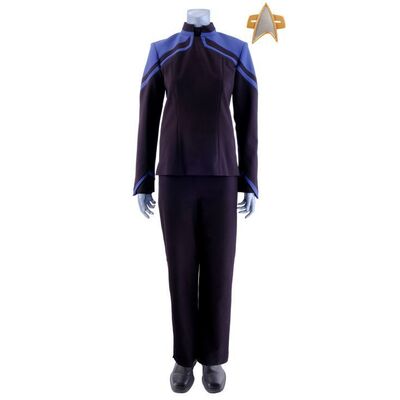 Lot # 49: Season 1 Starfleet 2380s Men's Sciences Uniform with Production-Quality Replica Combadge