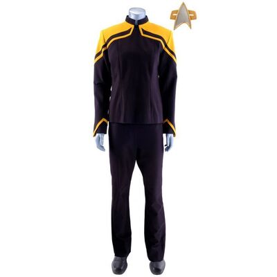 Lot # 53: Season 1 Starfleet 2380s Women's Operations Uniform with Production-Quality Replica Combadge