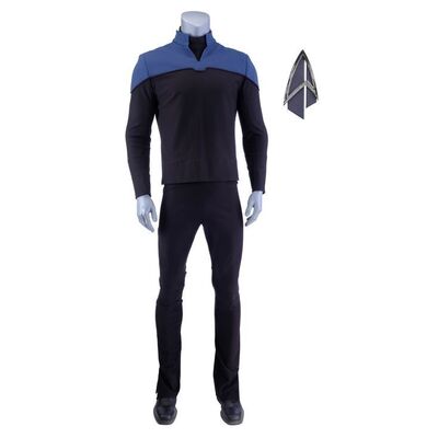 Lot # 59: Season 1 Starfleet 2380s Men's Sciences Uniform with Production-Quality Replica Combadge