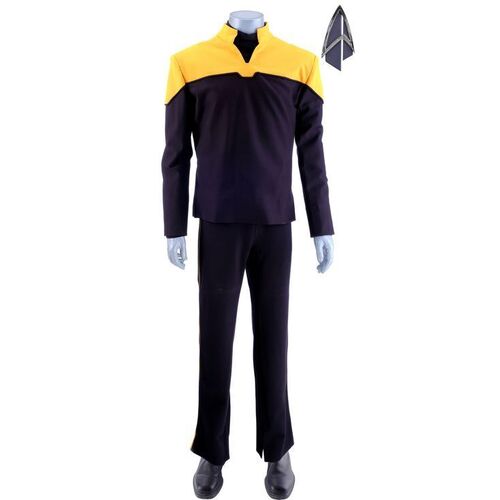 Lot # 89: Season 1 Starfleet 2390s Men's Operations Uniform with Production-Quality Replica Combadge