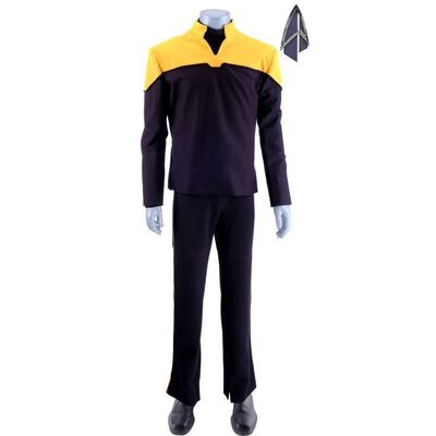 Lot # 89: Season 1 Starfleet 2390s Men's Operations Uniform with Production-Quality Replica Combadge