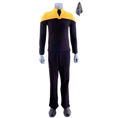 Lot # 93: Season 1 Starfleet 2390s Women's Operations Uniform with Production-Quality Replica Combadge