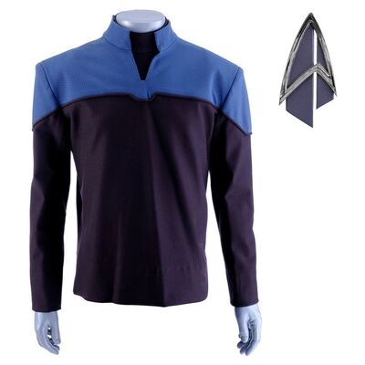 Lot # 105: Season 1 Starfleet 2390s Men's Sciences Uniform Components with Production-Quality Replica Combadge