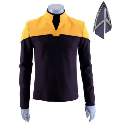Lot # 180: Season 1 Starfleet 2390s Women's Operations Uniform Components with Production-Quality Replica Combadge