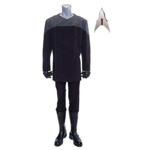 Lot # 206: Men's Confederation StarCorps Officer Uniform with Production-Quality Replica Combadge and Guard Boots