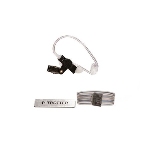 Lot # 251: Jean-Luc Picard (Patrick Stewart) Europa Launch Gala Wristband, Security Nametag, and Earpiece