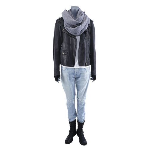 Lot #3: MARVEL'S JESSICA JONES (T.V. SERIES, 2015 - 2019) - Jessica Jones' Gelden Reveal Costume with Stunt Leather Jacket, Scarf, and Gloves