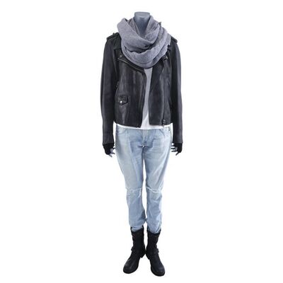 Lot #3: MARVEL'S JESSICA JONES (T.V. SERIES, 2015 - 2019) - Jessica Jones' Gelden Reveal Costume with Stunt Leather Jacket, Scarf, and Gloves