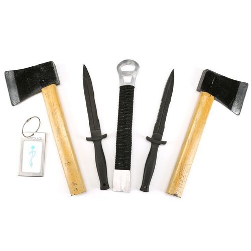 Lot #33: MARVEL'S IRON FIST (T.V. SERIES, 2017 - 2018) - Set of Hatchets, Knives, Sword Handle and Luggage Tag