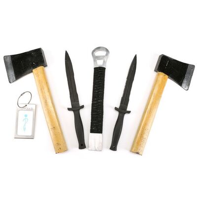Lot #33: MARVEL'S IRON FIST (T.V. SERIES, 2017 - 2018) - Set of Hatchets, Knives, Sword Handle and Luggage Tag