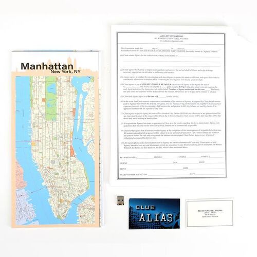 Lot #35: MARVEL - VARIOUS PRODUCTIONS (T.V. SERIES, 2015 - 2019) - Alias Investigations Business Cards and Agreement Forms with Pendant USB and Manhattan Maps