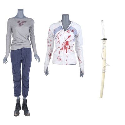 Lot #46: MARVEL'S THE DEFENDERS (T.V. SERIES, 2017) - Colleen Wing's Bloodied Bakuto Fight Costume with Stunt Sword and Sheath