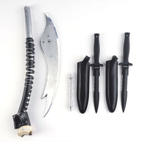 Lot #48: MARVEL'S IRON FIST (T.V. SERIES, 2017 - 2018) - Ho's Men's Metal Knives, Bakuto's Metal Tracking Spike, and Broken Scythe
