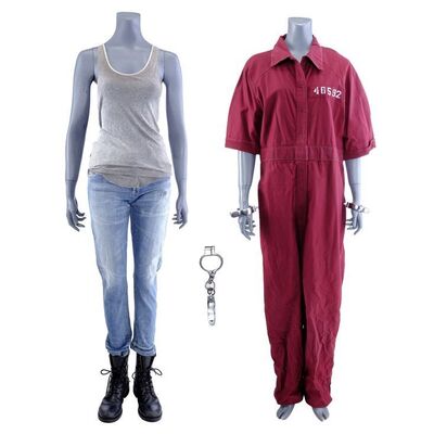 Lot #57: MARVEL'S JESSICA JONES (T.V. SERIES, 2015 - 2019) - Jessica Jones' Lounge Costume and Alisa Jones' Prison Escape Costume with Handcuffs
