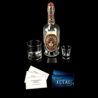 Lot #60: MARVEL'S JESSICA JONES (T.V. SERIES, 2015 - 2019) - Alias Investigations Business Cards, Liquor Bottle, Glass, and Shot Glass