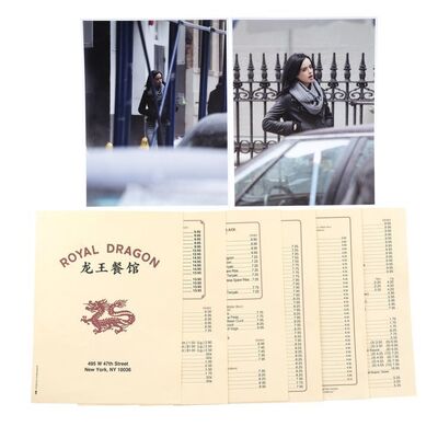 Lot #73: MARVEL - VARIOUS PRODUCTIONS (T.V. SERIES, 2015 - 2019) - Royal Dragon Menu and Two Jessica Jones Surveillance Photos