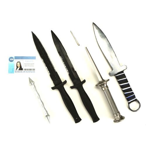 Lot #101: MARVEL'S IRON FIST (T.V. SERIES, 2017 - 2018) - Davos' Knife, Bakuto's Dart, Bride of Nine Spiders' Pick, Two of Ho's Men's Knives, and Alessa Geomi's ID