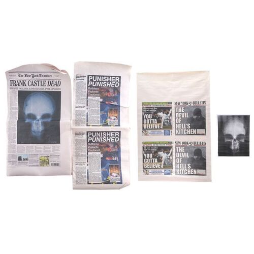 Lot #111: MARVEL'S DAREDEVIL (T.V. SERIES, 2015 - 2018) - Uncut Pair of Newspaper Covers, Pair of Punisher Newspaper Covers, and Skull X-Ray Print