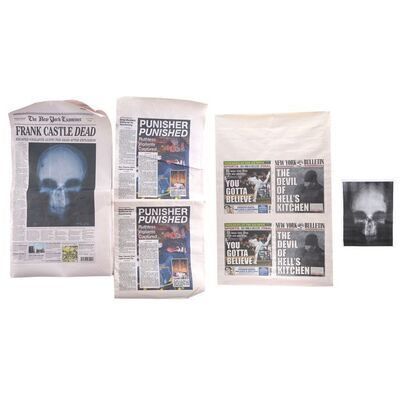 Lot #111: MARVEL'S DAREDEVIL (T.V. SERIES, 2015 - 2018) - Uncut Pair of Newspaper Covers, Pair of Punisher Newspaper Covers, and Skull X-Ray Print