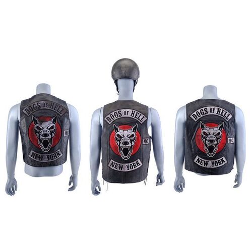 Lot #128: MARVEL'S DAREDEVIL (T.V. SERIES, 2015 - 2018) - Three Dogs of Hell Leather Vests with Biker's Helmet