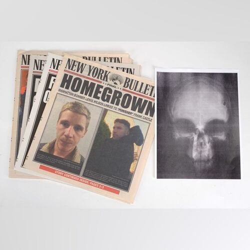 Lot #137: MARVEL - VARIOUS PRODUCTIONS (T.V. SERIES, 2015 - 2019) - Set of Four New York Bulletin Newspapers and Skull X-Ray Print
