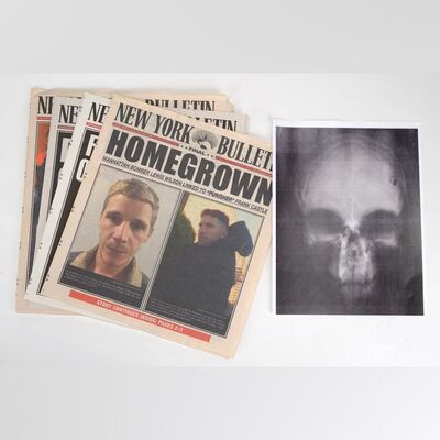 Lot #137: MARVEL - VARIOUS PRODUCTIONS (T.V. SERIES, 2015 - 2019) - Set of Four New York Bulletin Newspapers and Skull X-Ray Print