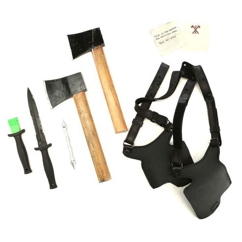 Lot #173: MARVEL'S IRON FIST (T.V. SERIES, 2017 - 2018) - Pair of Yangsi Gonshi Stunt Hatchets, Harness, Backup Hai-Qing Yang Note, Ho's Men's Knives, and Bakuto's Dart