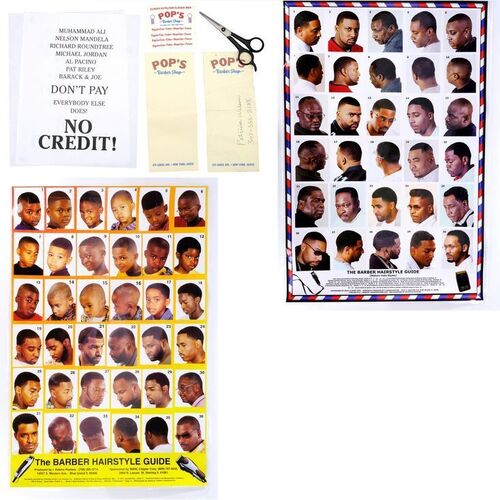Lot #177: MARVEL'S LUKE CAGE (T.V. SERIES, 2016 - 2018) - Pair of Pop's Barber Shop Posters with Scissors, Stationary, Business Cards, and Credit Signs