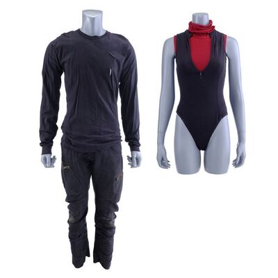 Lot #183: MARVEL'S DAREDEVIL (T.V. SERIES, 2015 - 2018) - Daredevil's Slashed Vigilante Costume and Elektra Natchios' Tunic