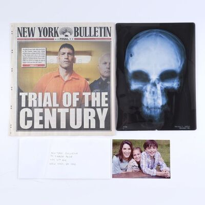 Lot #186: MARVEL - VARIOUS PRODUCTIONS (T.V. SERIES, 2015 - 2019) - "Trial of the Century" Newspaper, Frank Castle's Skull X-Ray, Castle Family Photo, and Envelope