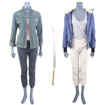 Lot #203: MARVEL'S IRON FIST (T.V. SERIES, 2017 - 2018) - Colleen Wing's Davos Fight Costume, Betrayal Costume, and Wooden Blade