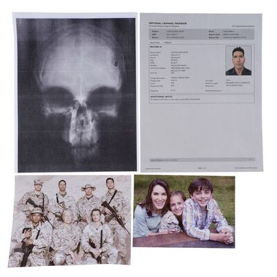 Lot #206: MARVEL - VARIOUS PRODUCTIONS (T.V. SERIES, 2015 - 2019) - Frank Castle Marine Photo, Family Photo, Photocopy of Skull X-Ray, and Criminal Database Paper