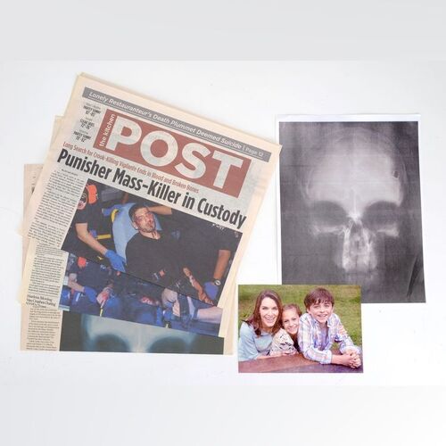 Lot #209: MARVEL - VARIOUS PRODUCTIONS (T.V. SERIES, 2015 - 2019) - Set of Three Punisher Newspapers, Skull X-Ray Print, and Castle Family Photo