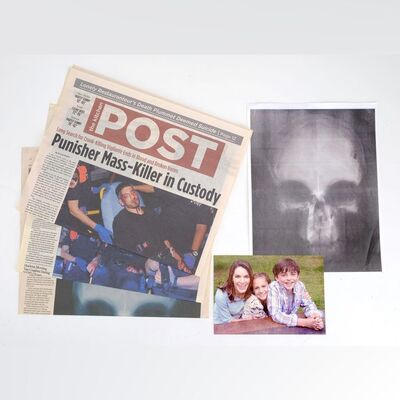 Lot #209: MARVEL - VARIOUS PRODUCTIONS (T.V. SERIES, 2015 - 2019) - Set of Three Punisher Newspapers, Skull X-Ray Print, and Castle Family Photo