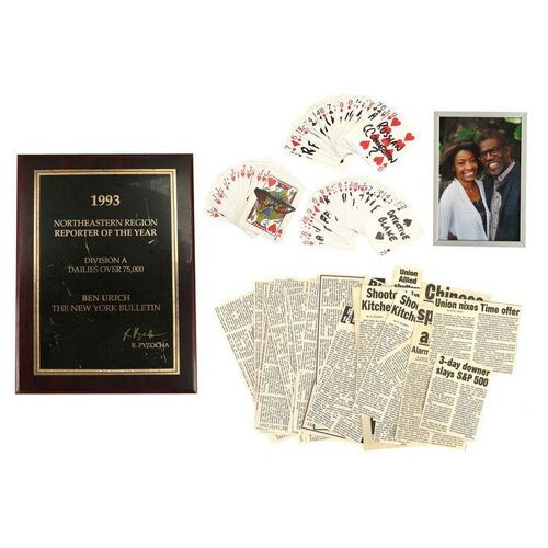 Lot #218: MARVEL'S DAREDEVIL (T.V. SERIES, 2015 - 2018) - Ben Urich's Suspect Playing Cards and Wall Articles with Framed Photo and Award Plaque